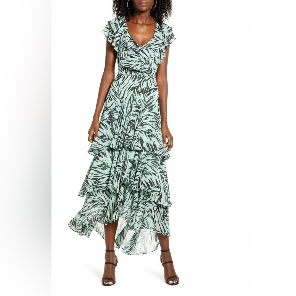 Wayf Chelsea Tiered Ruffle Dress Zebra Tiger Stripe Maxi Size XL Blue Green EUC